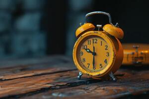 Vintage yellow alarm clock on rustic wooden table in soft light, capturing the essence of timelessness photo