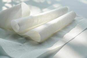 Three rolled sheets of translucent rice paper on a light surface with soft shadows in a kitchen setting during the daytime photo