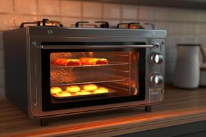 Baking pastries in a countertop oven with warm lighting in a cozy kitchen photo