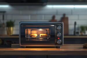 Baking bread in a kitchen toaster oven during late evening photo