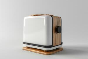 A modern toaster with a slice of bread on top placed on a wooden base against a light background photo