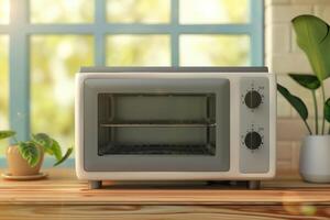 A modern countertop toaster oven in a bright kitchen with greenery and natural light photo