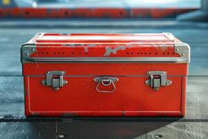 Red vintage toolbox placed on a workshop floor, showcasing wear and tear from use photo