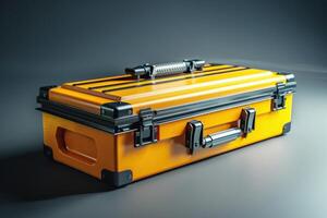 Yellow tool case with sturdy handle and metal latches in a dark studio setting photo