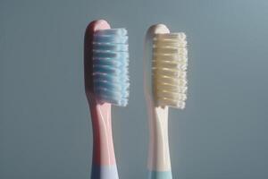 Two colorful toothbrushes standing side by side against a soft gray background, showcasing different bristle types and colors photo