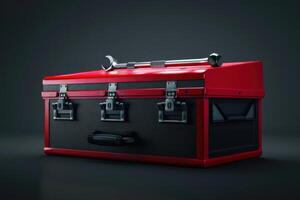 A red toolbox with a wrench on top, resting on a dark surface in a well-lit workshop photo