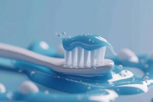 Close-up of a toothbrush with blue toothpaste on a light blue background, highlighting dental hygiene photo