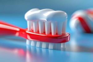 A close-up of a red toothbrush with toothpaste on a blue surface next to a striped tube photo