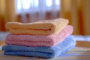 Soft, neatly folded towels in pastel colors on a table in a cozy room with natural light photo