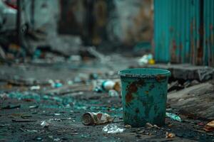 Trash littered alley with a green bucket and scattered debris in an urban environment photo