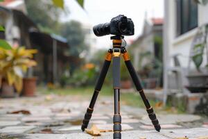 Camera mounted on a tripod in a garden setting on a cloudy day photo