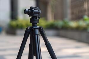 A professional camera tripod set up outdoors in a sunny urban environment for photography photo