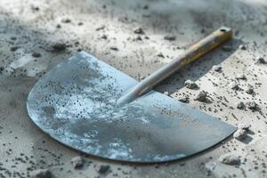 A metal hoe resting on gravel soil, surrounded by scattered small stones in a garden setting photo