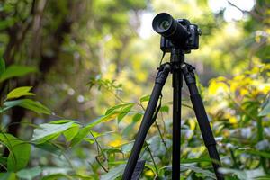 Camera on a tripod surrounded by lush greenery in a forest during daylight photo