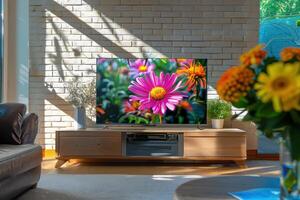 Living room with a modern TV displaying vibrant flowers, surrounded by natural light in the afternoon photo