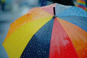 Colorful umbrella with raindrops on a rainy day in an urban setting photo