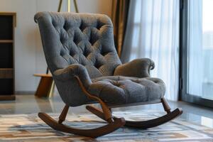 A cozy tufted rocking chair in a modern living room with large windows and a stylish rug photo