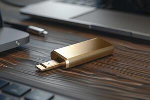 A sleek gold USB flash drive resting on a wooden desk beside a laptop and pen during a work session photo