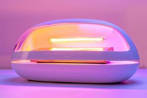 LED sterilization UV light device with glowing purple and orange lights on a white surface photo