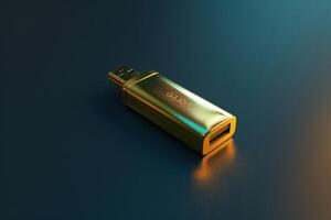 Gold USB flash drive on a dark blue surface with soft light reflections photo