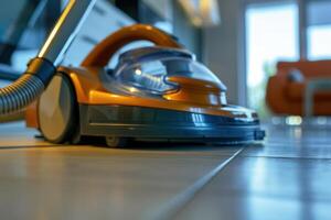 A close-up view of a vacuum cleaner on tiled floor in a modern home during daylight hours photo