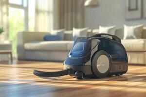 Modern vacuum cleaner on hardwood floor in well-lit living room during daytime photo