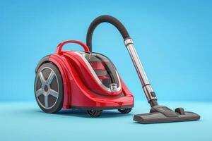 Bright red vacuum cleaner with flexible hose on a blue background, showcasing modern design and functionality photo