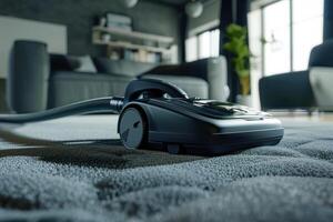 Vacuum cleaner on a modern living room carpet in the afternoon light photo