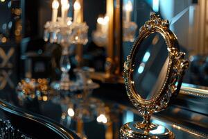 Elegant vintage mirror reflecting soft candlelight in a luxurious setting photo