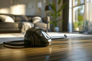A modern vacuum cleaner on polished wooden floor in a sunlit living room, showcasing an organized and clean home environment photo