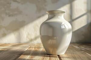 White ceramic vase on wooden table with soft sunlight streaming through the window photo