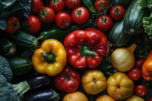 Colorful assortment of fresh vegetables including tomatoes, peppers, and zucchini on display in a market setting photo