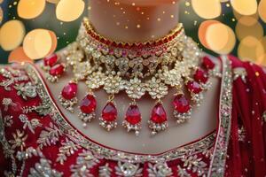 Elegant red bridal attire adorned with intricate jewelry, captured during a festive evening celebration photo