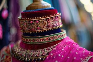 Elegant traditional attire displayed at a vibrant market, showcasing intricate embroidery and rich colors photo