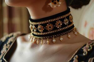 Elegant choker necklace adorned with pearls and gold detailing showcased on a model during a cultural event photo
