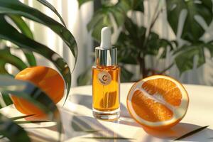 A bottle of vitamin C serum with oranges and green leaves in a bright, natural setting during the day photo