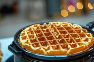 Freshly cooked waffle on a waffle iron during a cozy breakfast setting photo