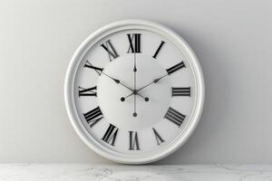 Elegant white wall clock displaying Roman numerals, set against a neutral background, capturing the time mid-morning photo
