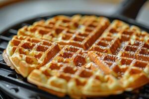 Waffles cooking in a waffle iron, golden brown and fluffy, ready for toppings photo