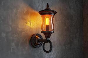 Vintage wall-mounted lantern with warm light against textured grey wall photo