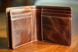 Open brown leather wallet on wooden table showcasing interior compartments and stitching details photo