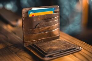 A brown leather wallet opened on a wooden table displaying credit cards in a cozy setting photo