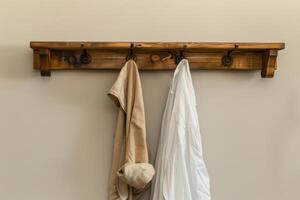 A wooden hook rack mounted on a wall holding two garments in a cozy hallway photo