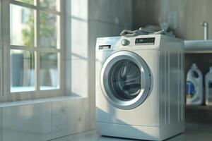 Modern washing machine in a bright laundry room with natural light during the day photo