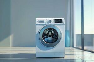 Modern washing machine in bright laundry room with large windows photo