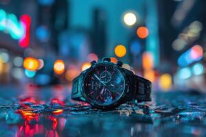 A close-up of a stylish watch on a wet street at night with colorful urban lights in the background photo