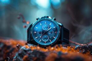 A close-up of a black chronograph watch set against a mossy forest backdrop during early morning light photo