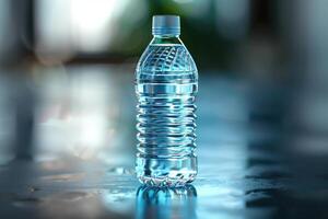 Refreshing clear water bottle on a glossy surface indoors in soft natural light photo