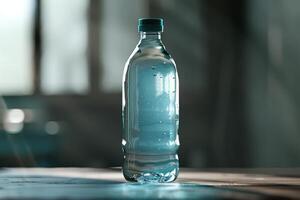 Clear plastic water bottle on wooden surface with sunlight streaming through window photo