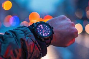 A person checking a futuristic wristwatch in a vibrant urban setting at dusk, with colorful bokeh lights in the background photo